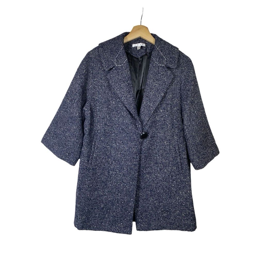 CAbi Women Blair Pea Coat Sz XS Dark Blue Tweed Wool Blend Jacket Herringbone